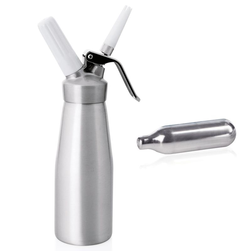 Siphon / Sahnespender 0,5 L mit 3 Spritztüllen und Reinigungsbürste + 96 Einwegdruckkapseln