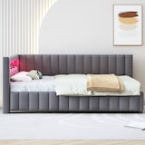 thumbnail of Polsterbett 140x200 mit LED-Beleuchtung, USB-Anschluss und Samtbezug – L-förmiges Design, stabiler Lattenrost, verstellbares Kopfteil, Grau
