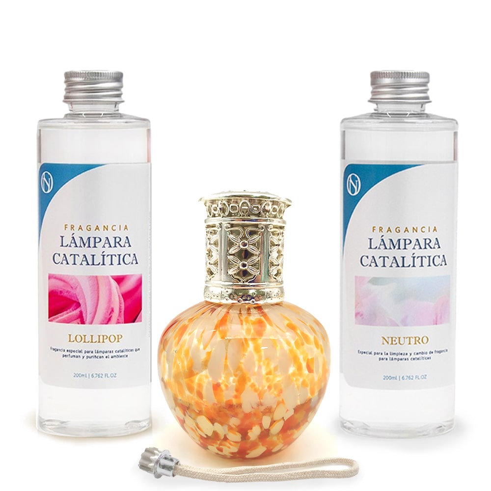 Confezione risparmio lampada catalitica Gocce arancioni + fragranza Lollipop (500ml) + Detergente neutro (200ml) + Stoppino di ricarica