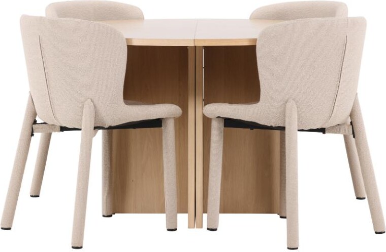 Strada Essgruppe Ausziehtisch Ø120cm, 170cm und 4 Stühle whitewash, beige.