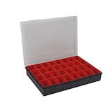 thumbnail of Organizador, 32 tabuleiros amovíveis, tampa transparente, empilhável, 330 x 247 x 54 mm, preto/vermelho