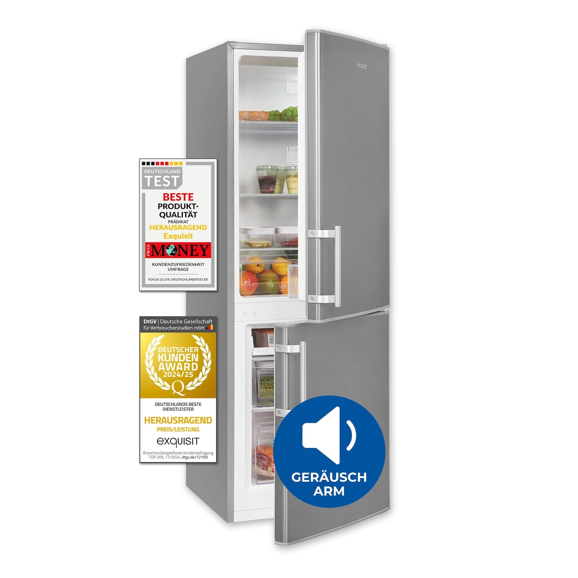 Exquisit Kühl-Gefrierkombination, Kühlschrank mit Gefrierfach, 4-Sterne-Gefrieren, 173 Liter, Alarm-Funktion, KGC5233-60-HE-040D inoxlook