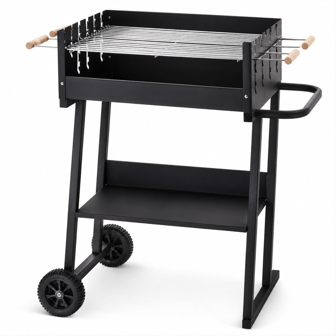 Barbecue A Carbone Con Griglia Regolabile In Altezza Struttura In Acciaio Termoresistente Ripiano Portaoggetti E Ruote Esterno 87 x 52 x 90 Cm Nero