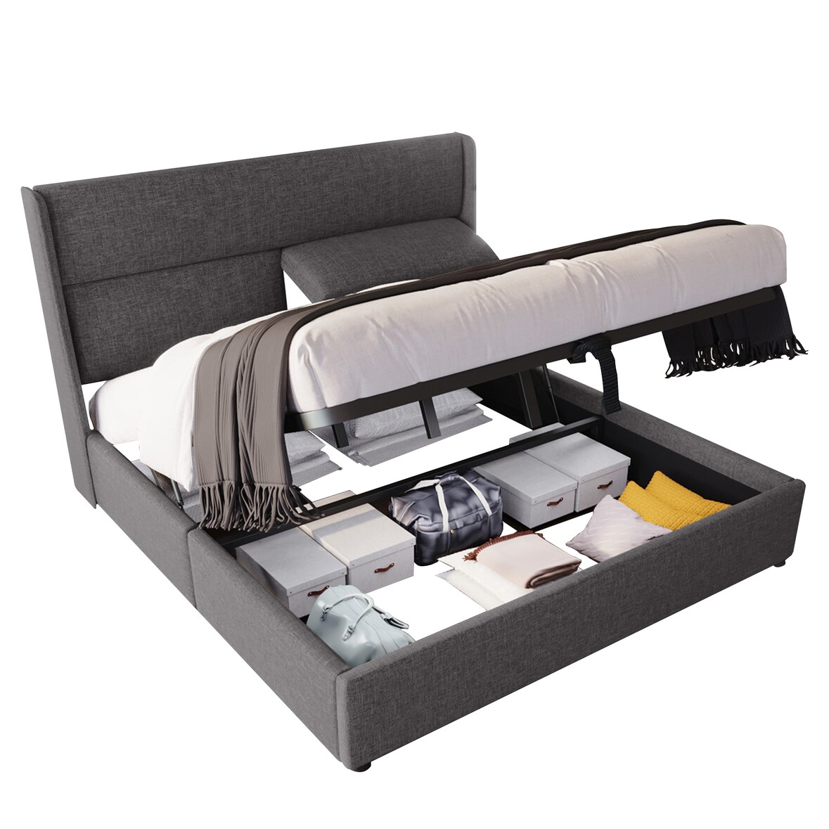 Polsterbett 160x200 Grau mit Verstellbaren Kopfstützen Hydraulischem Stauraum Leinen Metallrahmen Lattenrost Schlafzimmerbett