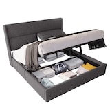 thumbnail of Polsterbett 160x200 Grau mit Verstellbaren Kopfstützen Hydraulischem Stauraum Leinen Metallrahmen Lattenrost Schlafzimmerbett