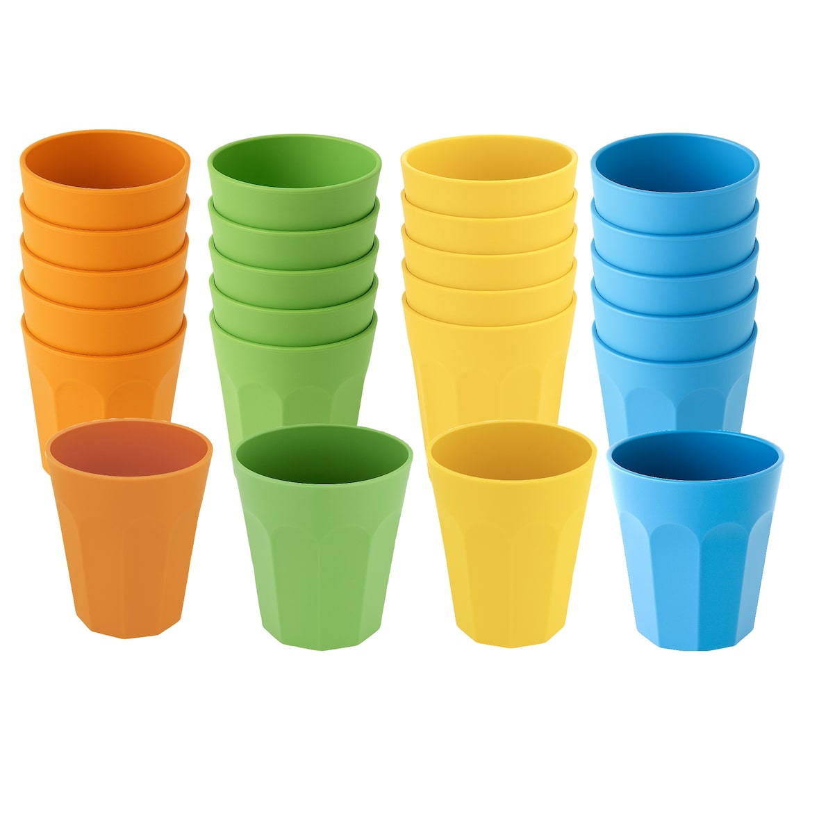 Set van 24 Kunststof Bekers – 300 ml – Onbreekbaar – 4 Kleuren (Geel, Oranje, Blauw, Groen) – Vaatwasserbestendig – Polypropyleen – Herbruikbaar