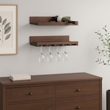 thumbnail of Conjunto de 2 prateleiras para vinhos HWC-P22, suporte de vidro/garrafas para 6 garrafas/15 copos em madeira com certificação FSC® 61x28cm ~ castanho