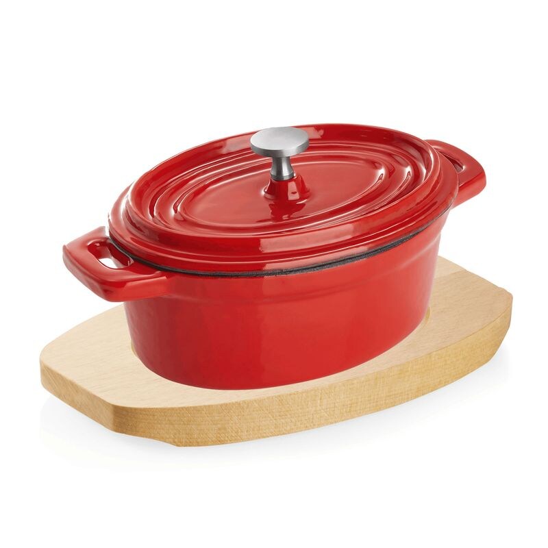 4x Cocotte rot Gusseisen 12,5 x 9,5 x 6,5 cm mit Deckel emailliert + 4x Holzuntersetzer