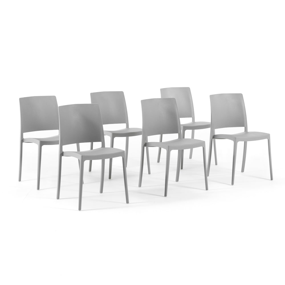 Set van 6 stapelbare stoelen van polypropyleen met glasvezel, voor tuin of binnengebruik, waterafstotend en duurzaam, modern design – MARIA/Lichtgrijs