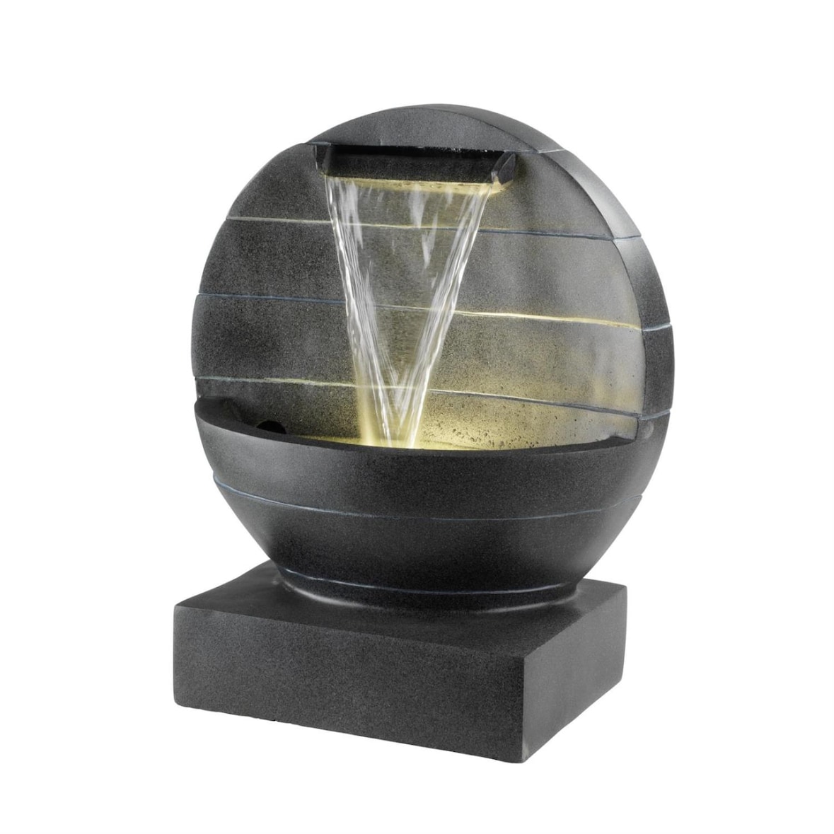 Gartenbrunnen mit Wasserfall beleuchtet rund Polyresin Zierbrunnen 59cm