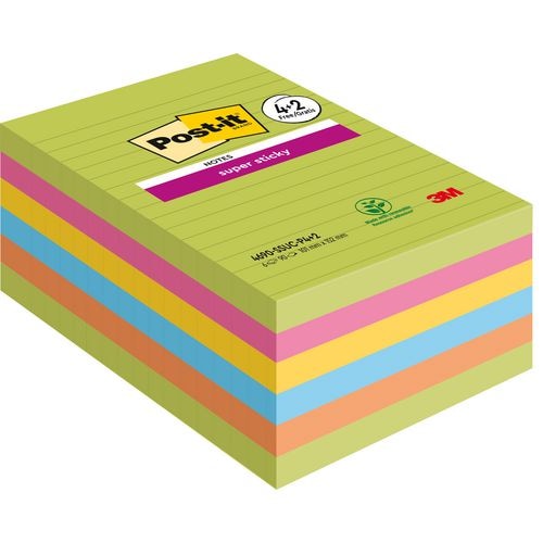 Post-it Super Sticky Haftnotizen 101 x 152 mm Farbig Sortiert Rechteckig Liniert 90 Blatt Vorteilspackung 4 + 2 Gratis