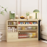 thumbnail of Klappbarer Esstisch Sideboard ausziehbar Schwarz+Holz 75x120x40 cm mit Stauraum, Schublade und Glasschiebetür, platzsparend und vielseitig