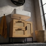 thumbnail of Waschbeckenunterschrank Eiche-Optik 60x60x40 cm mit Tür und Schubladen, Badezimmerschrank mit Rattangeflecht, Unterschrank Stehend, Badschrank