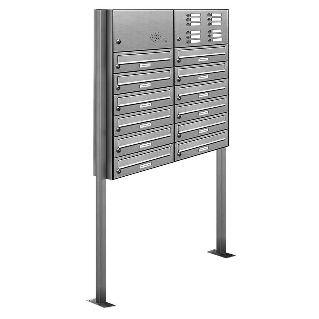 AL Briefkastensysteme 12 Fächer Premium Edelstahl Stand Briefkasten Anlage mit Klingeln, Post A4, modern, robust, wetterfest, Artikelnummer 132T12S2KS
