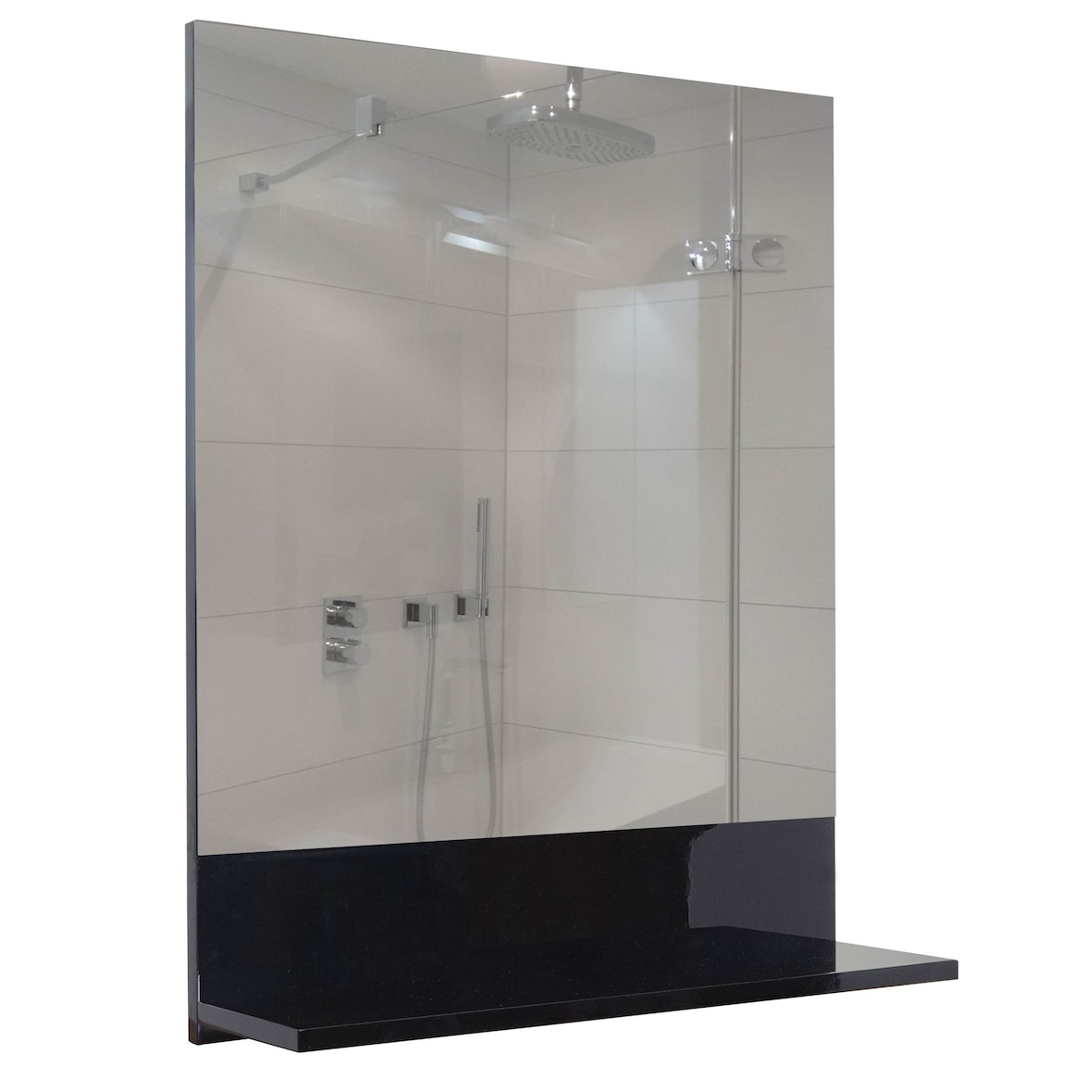 Espejo de pared con estante HWC-B19, espejo de baño, alto brillo 75x60cm ~ negro
