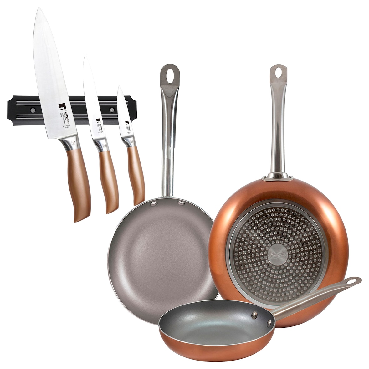 BERGNER - Set di 3 Padelle in Alluminio Pressato 18/22/26cm Adatte per Induzione con Set di 3 coltelli in acciaio inossidabile con supporto magnetico
