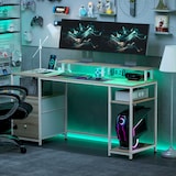 thumbnail of Mesa de escritorio mesa de ordenador con luces LED estantes cajones tomas de corriente puertos USB y soporte para monitor 155,5x48x75,5 cm natural