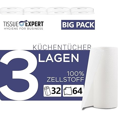 Küchentücher, 32 Rollen á 64 Blatt, 3-lagige Küchenrollen, 100% Zellstoff, saugstarkes Küchenpapier