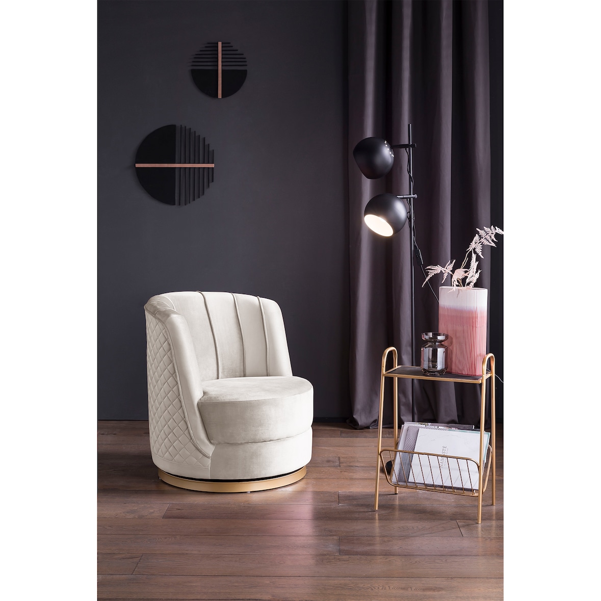SalesFever Dreh-Sessel | 360° drehbar | mit Diamantsteppung | Bezug Samt | Sockel Metall | B 68 x T 57 x H 77 cm | beige – goldfarben