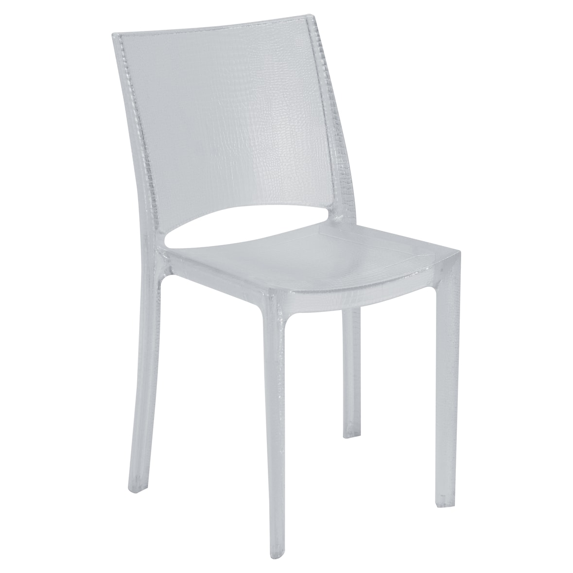 Set di  4 sedie  Nilo con una speciale finitura effetto pelle di coccodrillo  in policarbonato trasparente. Marchio Grandsoleil.  48x50x81,5