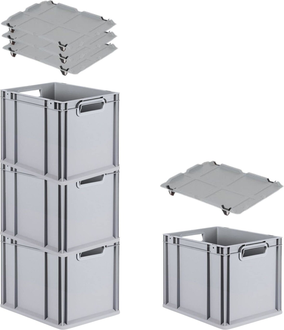PROREGAL SuperSparSet 4x Eurobox NextGen Grip mit Auflagedeckel & 4 schwarzen Verschlüssen, HxBxT 32x30x40cm, 30L, Grau, Griffe offen, Eurobehälter