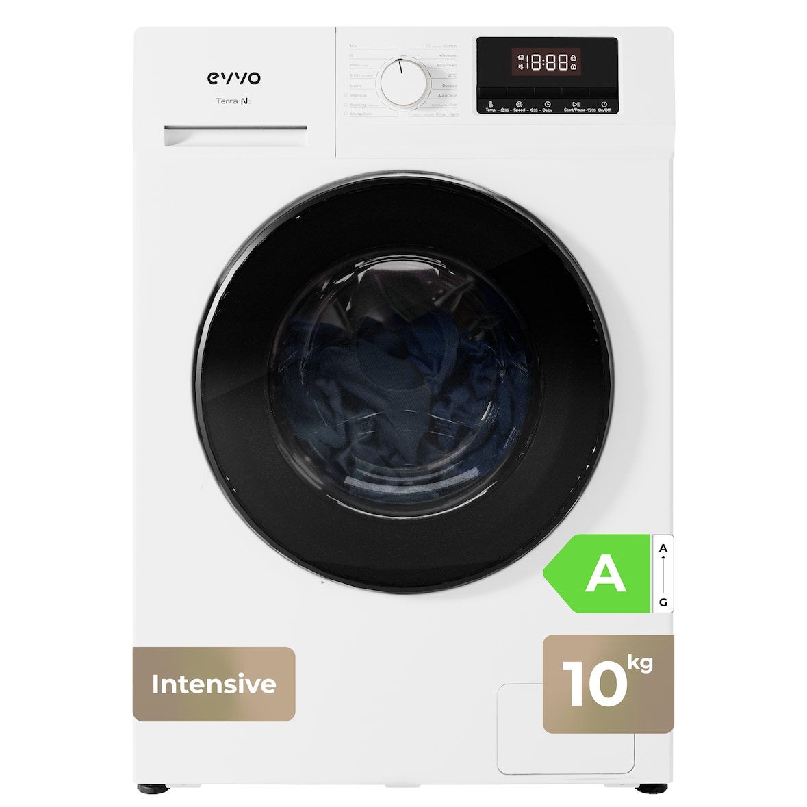 EVVO Lavadora 10kg carga frontal Terra N10, 1400 rpm, Clase energética A, Motor eDRIVE inverter, 16 programas