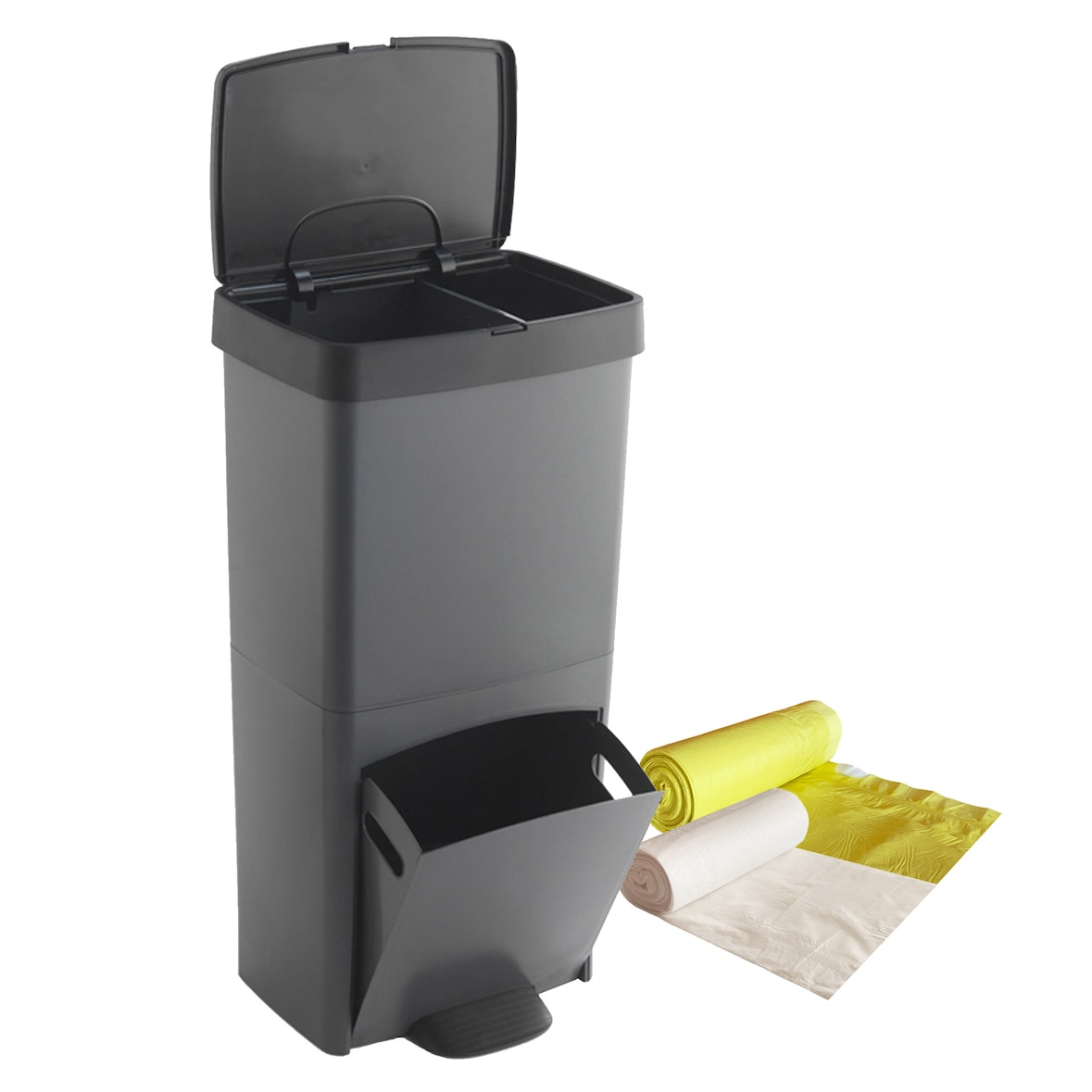 WellHome - Pattumiera verticale da 70 litri con 2 scomparti (40 litri + 30 litri) antracite, con sacchi per la spazzatura