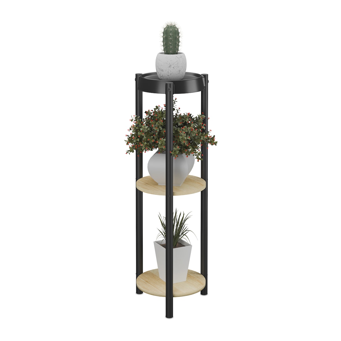 Relaxdays Pflanzenständer rund, 3 Ablagen, Blumenständer für innen, HBT: 71x24x24 cm, Blumenregal, Metall, schwarz/natur