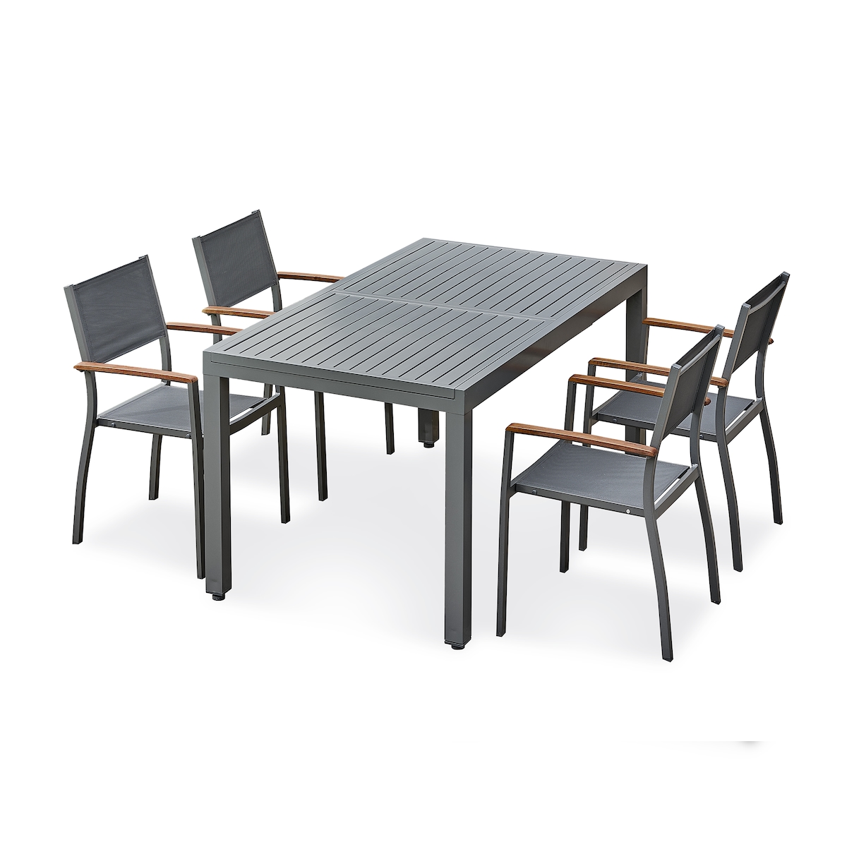 REMARQUABLE Gartenmöbelset aus anthrazitgrauem Aluminium mit integrierter Ausziehplatte (160/220 x 90 cm) und 4 stapelbaren Stühlen – ORSINO