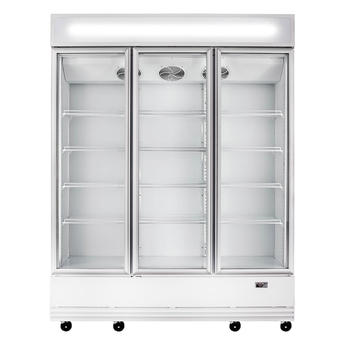 Frigorífico expositor de bebidas com painel iluminado, branco, 3 portas de vidro pivotantes, 218 x 192 x 74 cm, com fechadura, 1610 L Vaiotec 11419