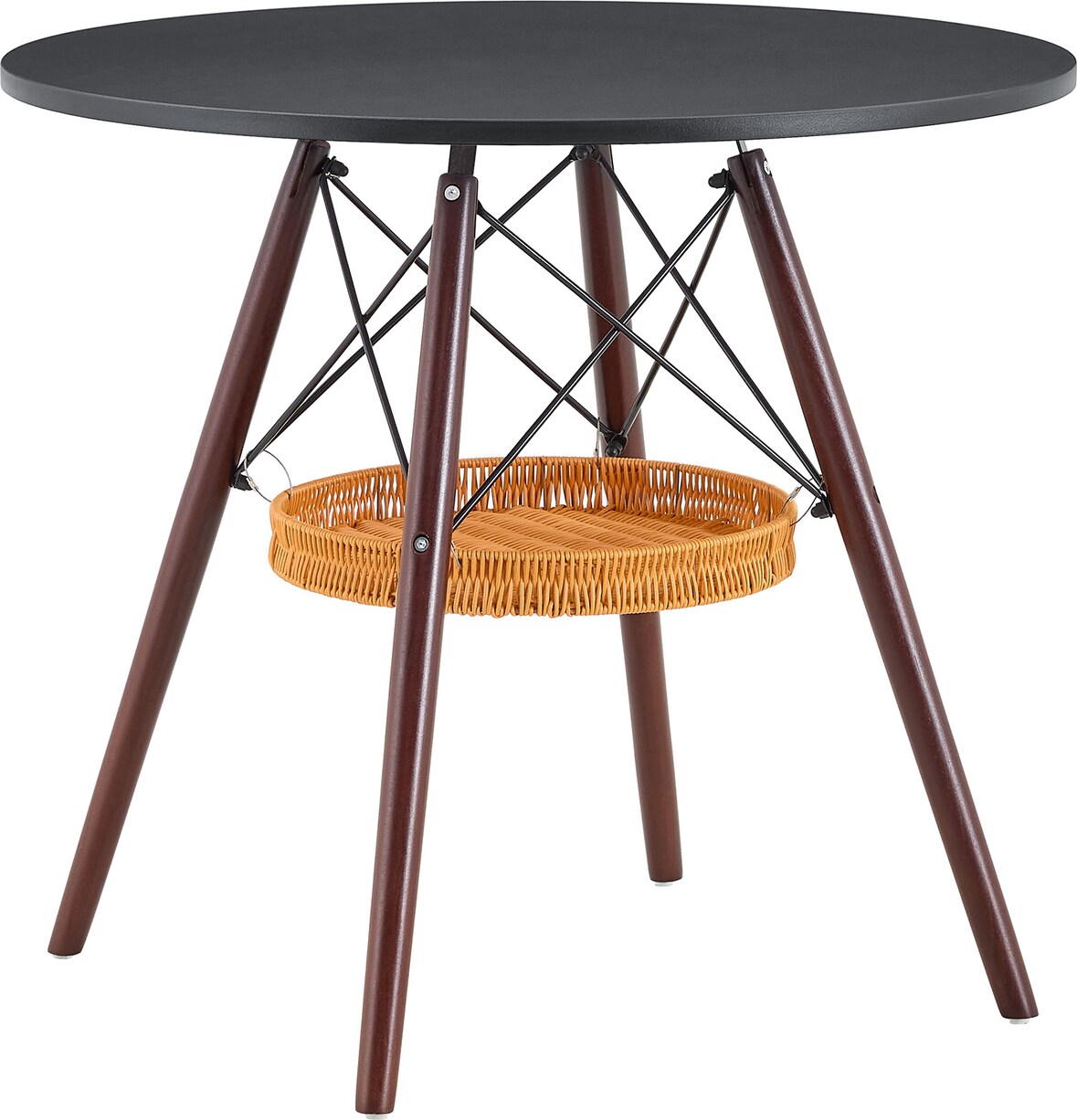 Esstisch Massivholz & MDF in Walnuss-Schwarz, rund 80x80x75 cm, mit geflochtenem Ablagekorb