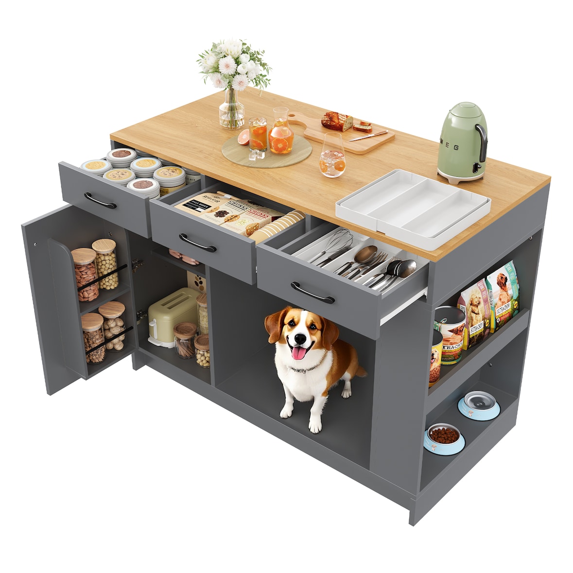 Kücheninsel 120x60x90 cm Grau mit 3 Schubladen, Gewürzregal und Haustierbereich, Küchenwagen für Esszimmer