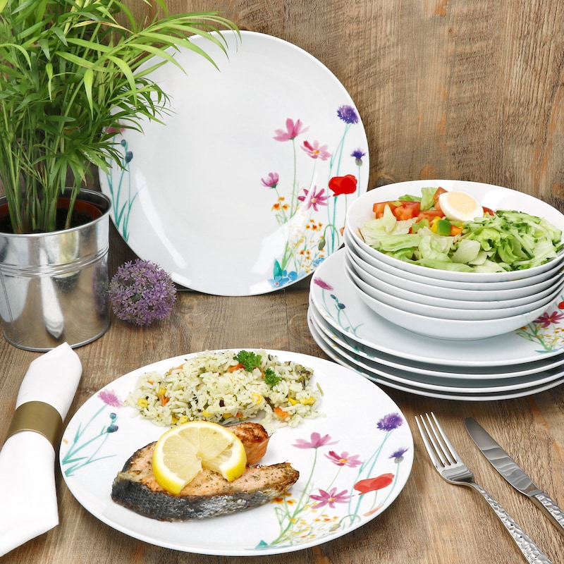 12tlg Tafelservice Marie Porzellan 6 Personen Speiseteller Suppenteller Blumen