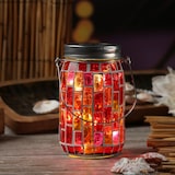 thumbnail of LED Solar Glas Einmachglas mit Mosaik Tischleuchte mit Henkel Lichtsensor rot