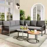 thumbnail of Garten-Lounge-Set aus Metall und Polyester in Grau, 3 Sofaelemente mit 2 Tischen, verstellbare Füße, inklusive Sitz- und Rückenkissen