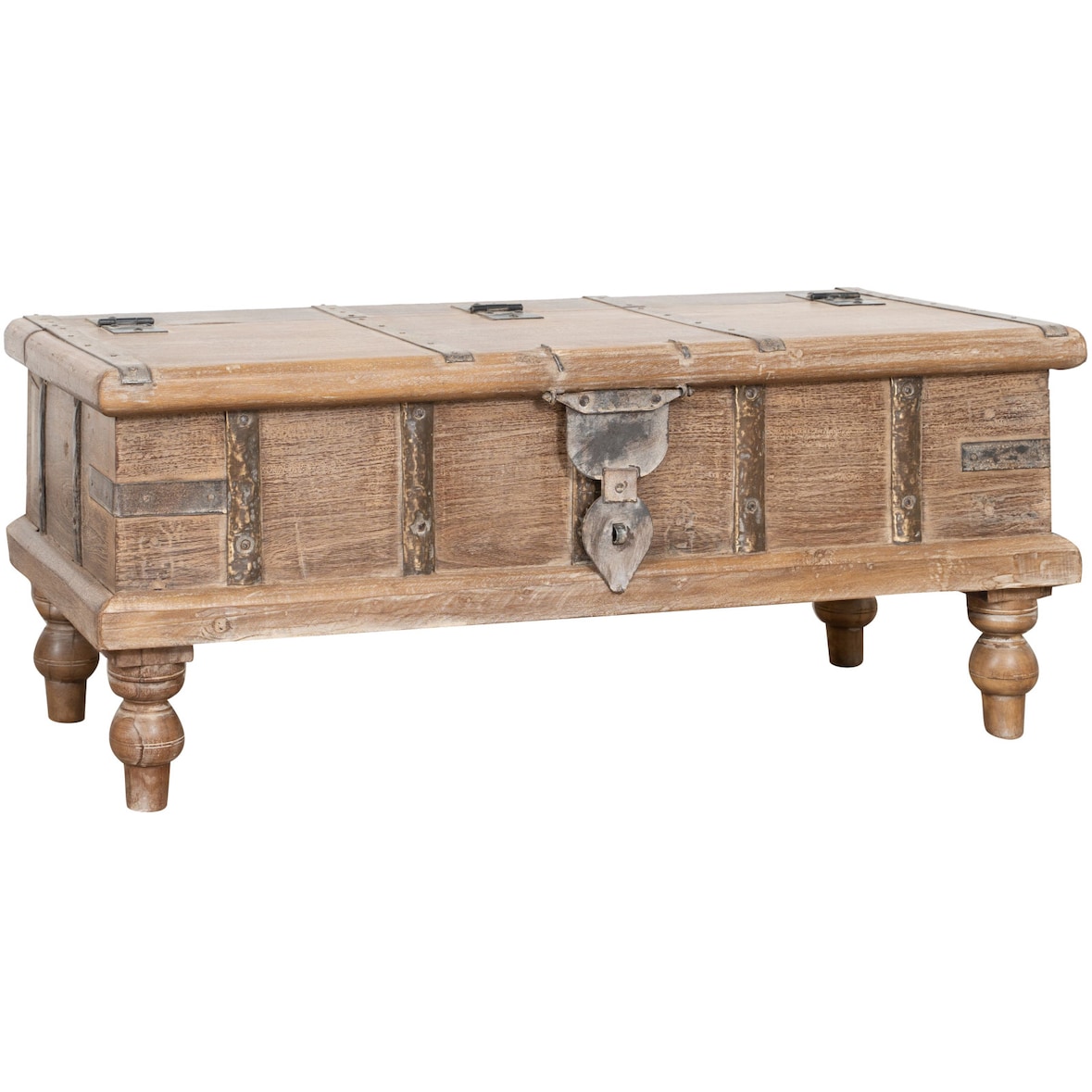 Biscottini Baúl de madera maciza y hierro 90x37x38 cm - Contenedor de almacenaje - Baúl rústico - Mesa de almacenaje vintage