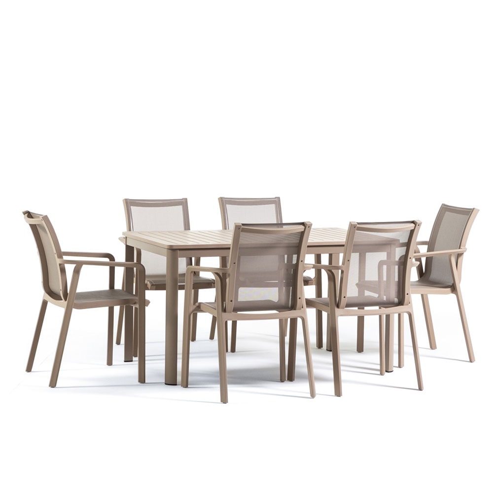 Set de comedor de jardín con mesa rectangular 140x85 cm y 6 sillas con reposabrazos en textilene resistente para terraza exterior David+Victoria-taupe