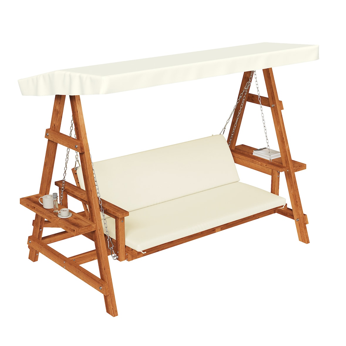 Merax Hollywoodschommel lounge, tuinschommel met kussens & polyester dak, met bekerhouder, beige