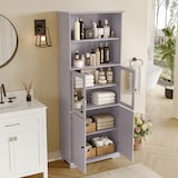thumbnail of Badezimmer Hochschrank 160x58x29 cm Grau mit Glastür und Holzfront, 4 Türen, 2 offene Ablagen, verstellbare Einlegeböden, lackierte Oberfläche