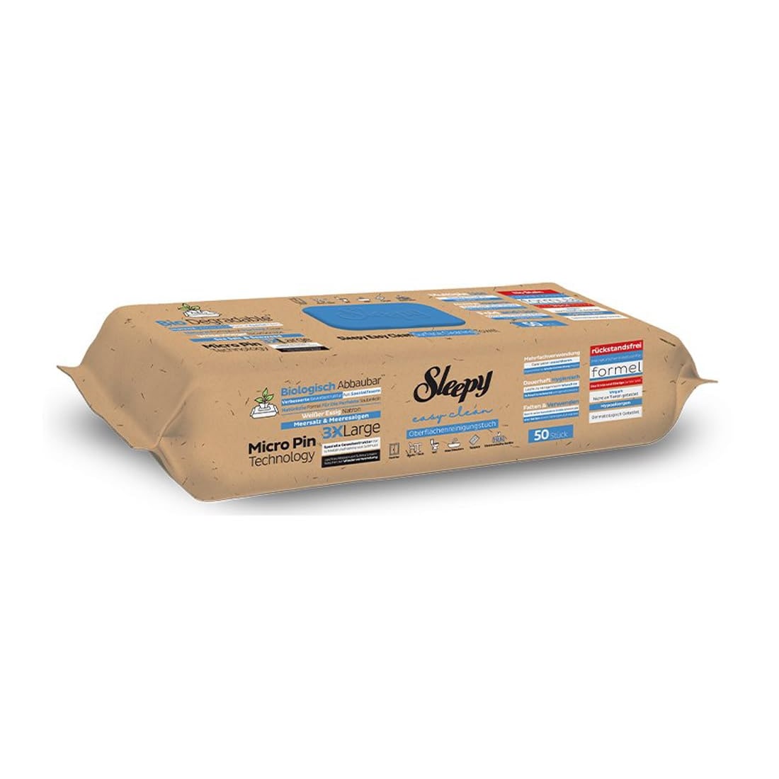 Sleepy Easy Clean Bio Oberflächen und Boden Reinigungstücher 2 in 1 (Blau) mit Meersalz & Meeresalgen - 1 Packung x 50 Tücher