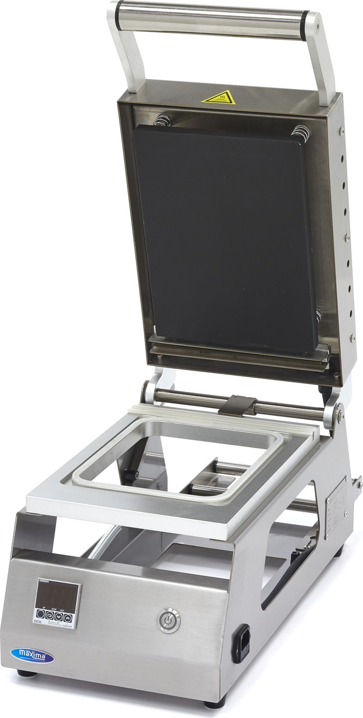 Maxima - Selladora de bandejas pequeña 6-8 bandejas/min, panel Omron, acero inoxidable, 700W, dimensiones 63x25.6x26 cm