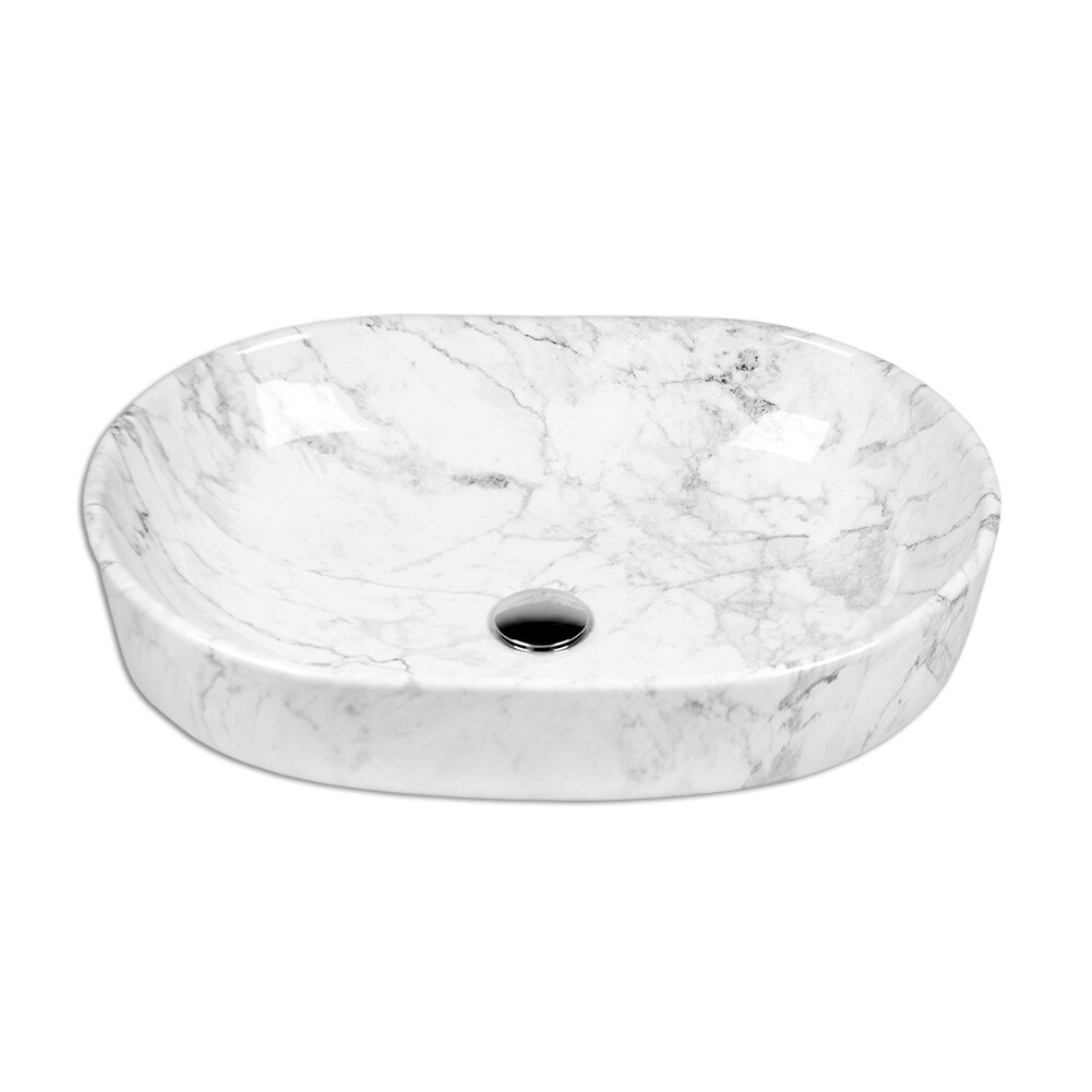 Waschbecken Keramik Marmoroptik Aufsatzwaschbecken Oval 595 x 420 x 140 mm Komplettset