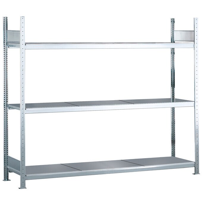 Grundregal, Weitspannregal WS 2000 mit Stahlböden, 2000 x 2500 x 500 mm (HxBxT), verzinkt, 3 Ebenen, Fachlast 400 kg, Feldlast 1.200 kg
