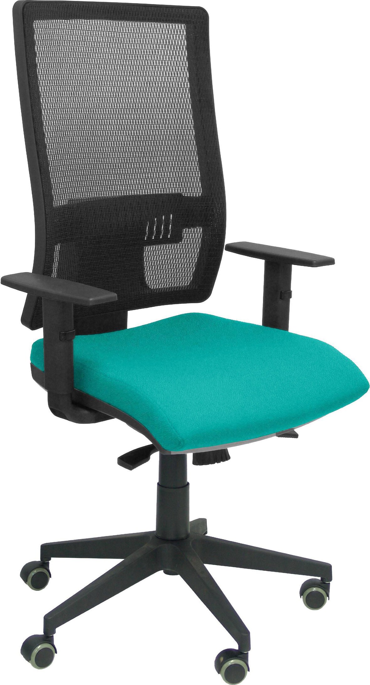 Cadeira Horna e encosto alto em malha respirável com apoio de cabeça e assento estofado em tecido BALI verde claro.