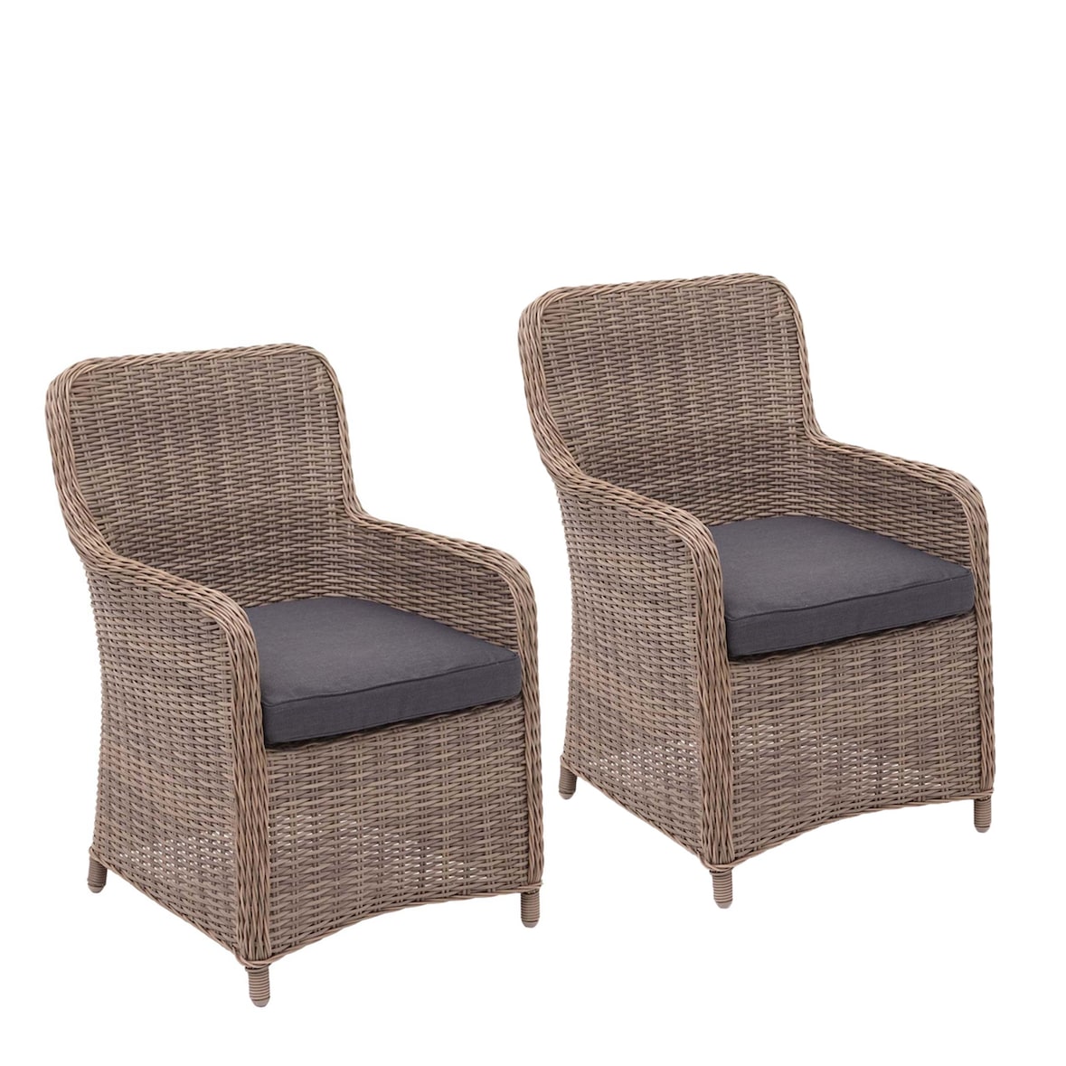 2er-Set Poly-Rattan Stuhl HWC-E98, Rattanstuhl Gartenstuhl Korbsessel, Spun Poly halbrundes Rattan MVG beige Kissen grau