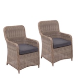thumbnail of 2er-Set Poly-Rattan Stuhl HWC-E98, Rattanstuhl Gartenstuhl Korbsessel, Spun Poly halbrundes Rattan MVG beige Kissen grau