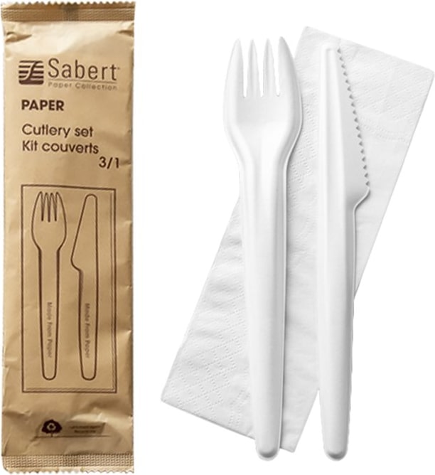 MONOUSO - Set Posate di Carta Forchetta, Coltello e Tovagliolo (300 Pezzi)