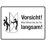 thumbnail of Türschild, Bitte öffnen Sie die Tür langsam!, rechts, weiß, 150 x 200 mm - 200x150 mm Folie selbstklebend