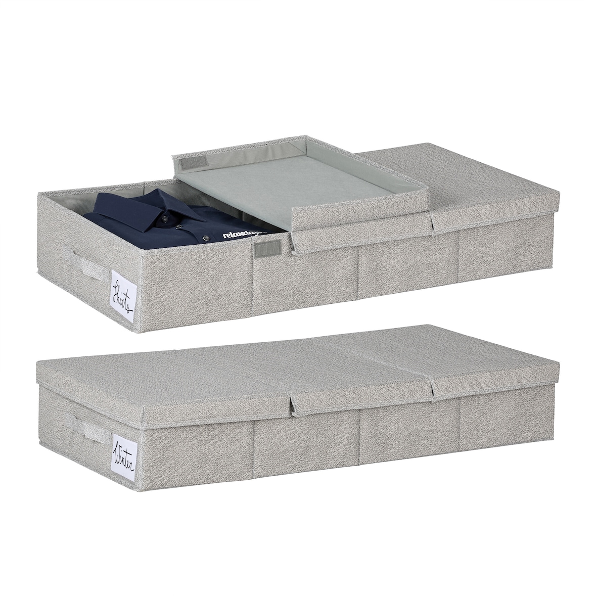 Relaxdays Unterbettkommode 2er Set, 50 L, mit Deckel, HxBxT: 15x80x40 cm, faltbar, Unterbettbox flach, PP, Pappe, grau