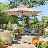 thumbnail of Sombrilla de jardín 3x3x3 m parasol de jardín de bambú con doble techo sistema de polea impermeable para terraza balcón exterior beige